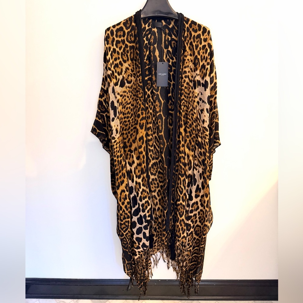 NWT AUTHENTIC SAINT LAURENT LEOPARD COVER UP/KAFTAN W/BLACK ROPE FRONT CLOSURE